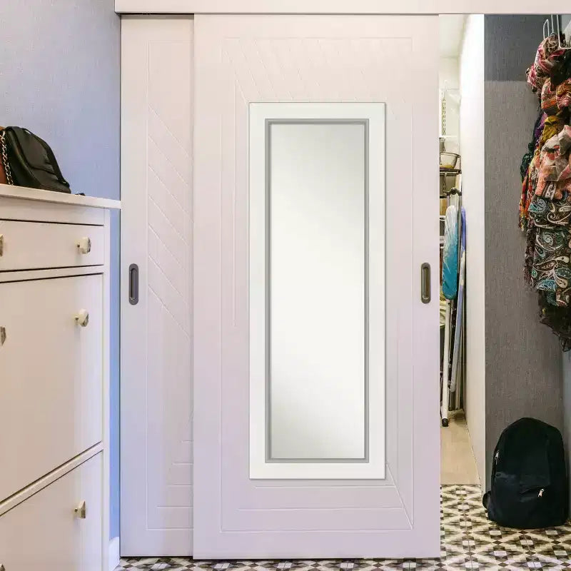 Specchio a figura intera per parete/porta, singolo, con cornice in legno, Bianco Argento