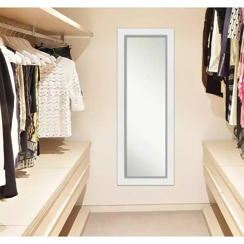 Specchio a figura intera per parete/porta, singolo, con cornice in legno, Bianco Argento
