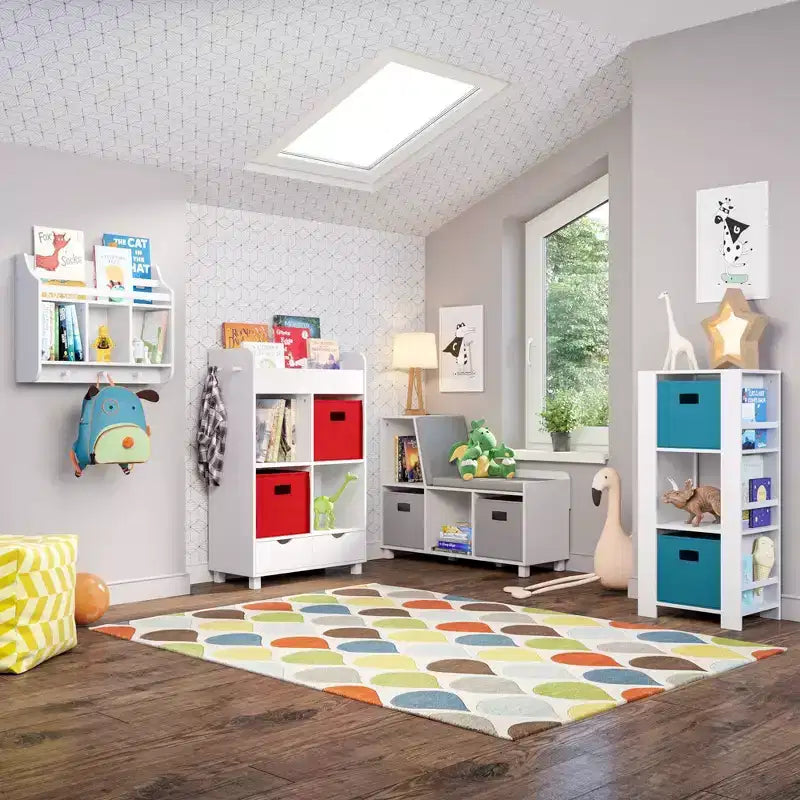 Torre portaoggetti bianca per bambini con 3 scomparti e 6 ripiani per libri - 1 bambino