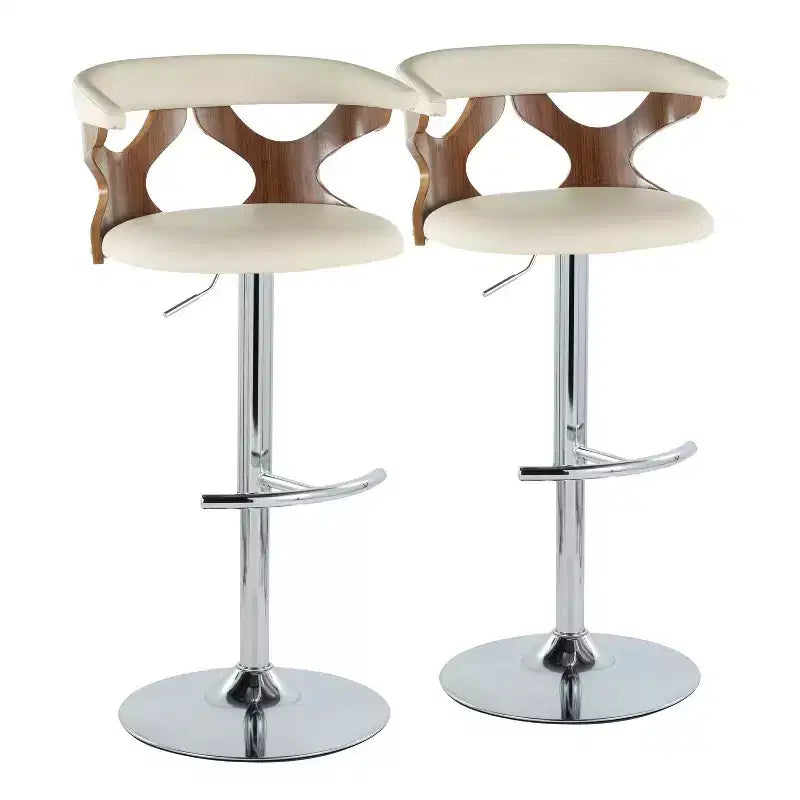 LumiSource Set of 2 Gardenia Adjustable Barstools Chrome Metal/Walnut Wood/Cream PU