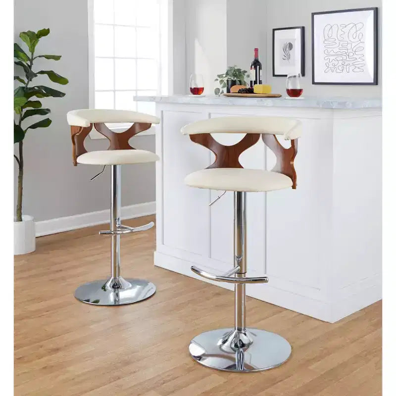 Sgabello da bar regolabile in similpelle color crema, base cromata, set da 2