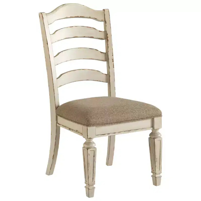 Sedie da pranzo con schienale a pioli bianche scheggiate, imbottite, set da 2