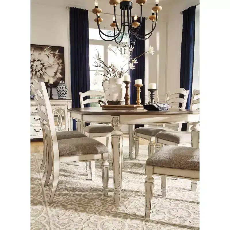 Sedie da pranzo con schienale a pioli bianche scheggiate, imbottite, set da 2