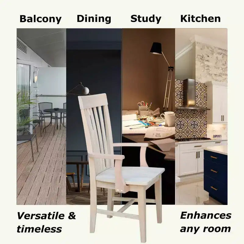 Sedia da pranzo con braccioli e schienale a listelle in legno non rifinito – 1 posto