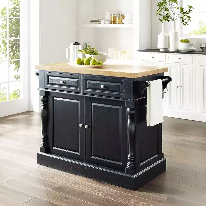 Isola da Cucina Tradizionale Nera – Struttura in MDF, Superficie in Legno, 2 Ante, 4 Cassetti, 4 Ripiani
