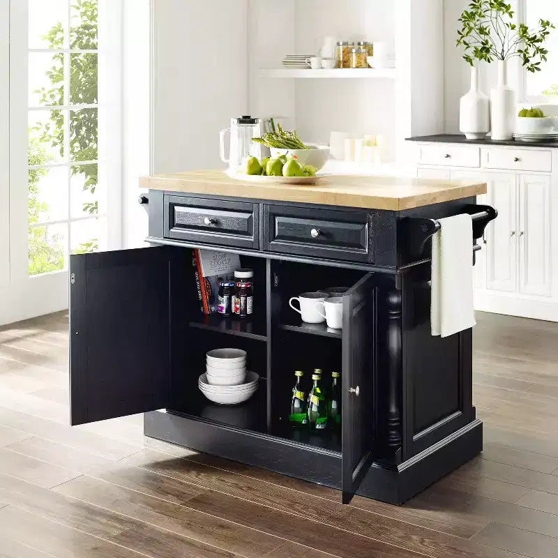 Isola da Cucina Tradizionale Nera – Struttura in MDF, Superficie in Legno, 2 Ante, 4 Cassetti, 4 Ripiani