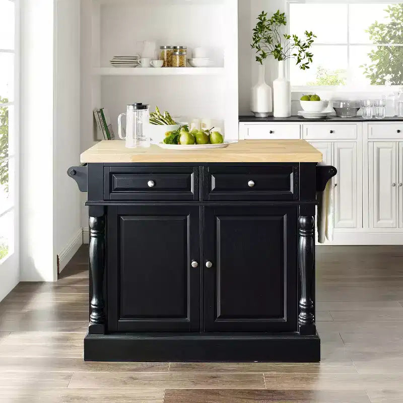 Isola da Cucina Tradizionale Nera – Struttura in MDF, Superficie in Legno, 2 Ante, 4 Cassetti, 4 Ripiani