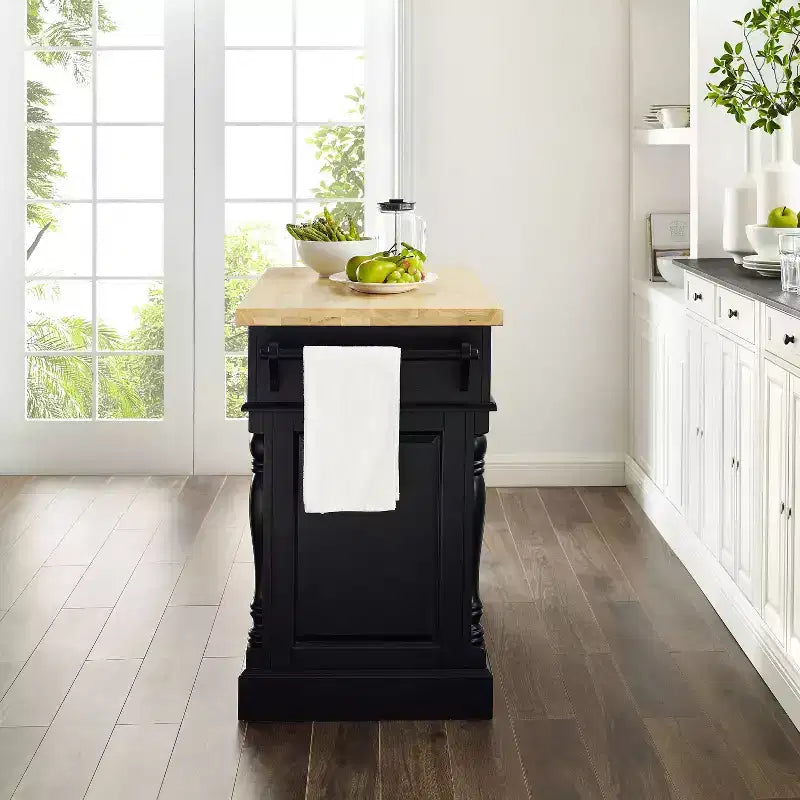Isola da Cucina Tradizionale Nera – Struttura in MDF, Superficie in Legno, 2 Ante, 4 Cassetti, 4 Ripiani