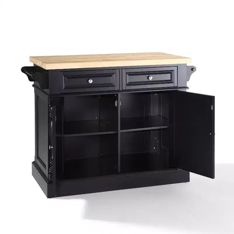 Isola da Cucina Tradizionale Nera – Struttura in MDF, Superficie in Legno, 2 Ante, 4 Cassetti, 4 Ripiani
