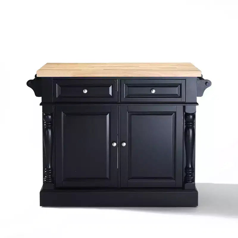 Isola da Cucina Tradizionale Nera – Struttura in MDF, Superficie in Legno, 2 Ante, 4 Cassetti, 4 Ripiani