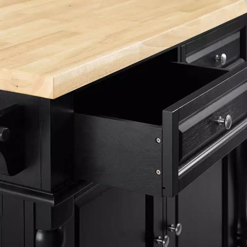 Isola da Cucina Tradizionale Nera – Struttura in MDF, Superficie in Legno, 2 Ante, 4 Cassetti, 4 Ripiani