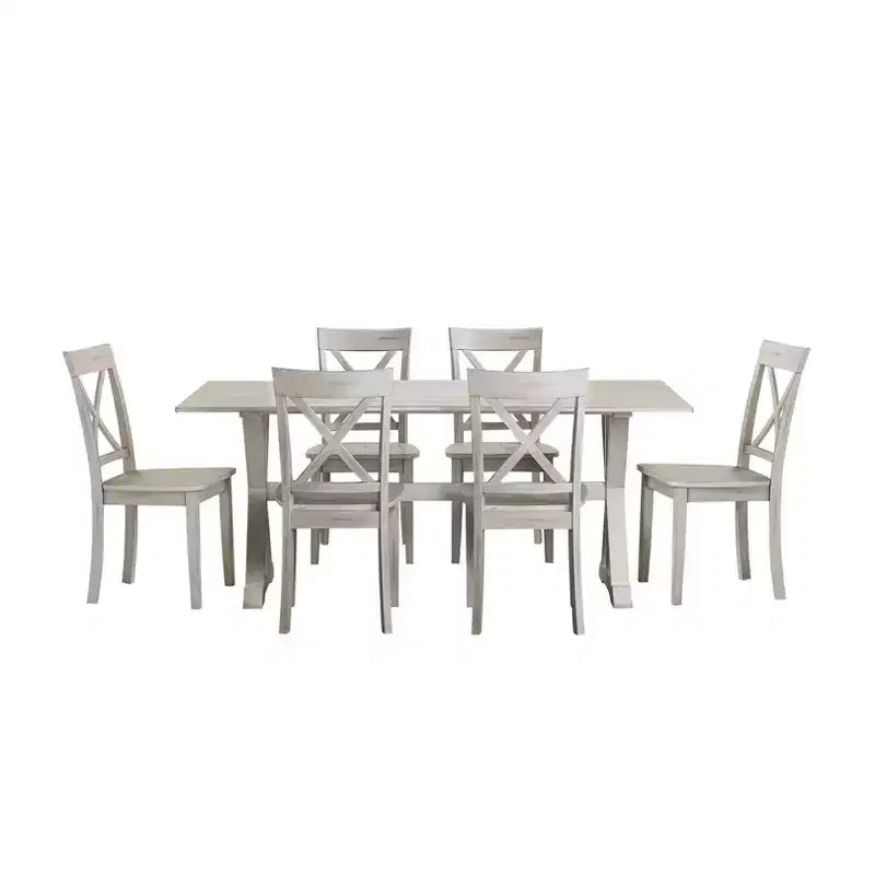 Set da pranzo di 7 pezzi, finitura whitewash, stile rustico, 6 posti a sedere