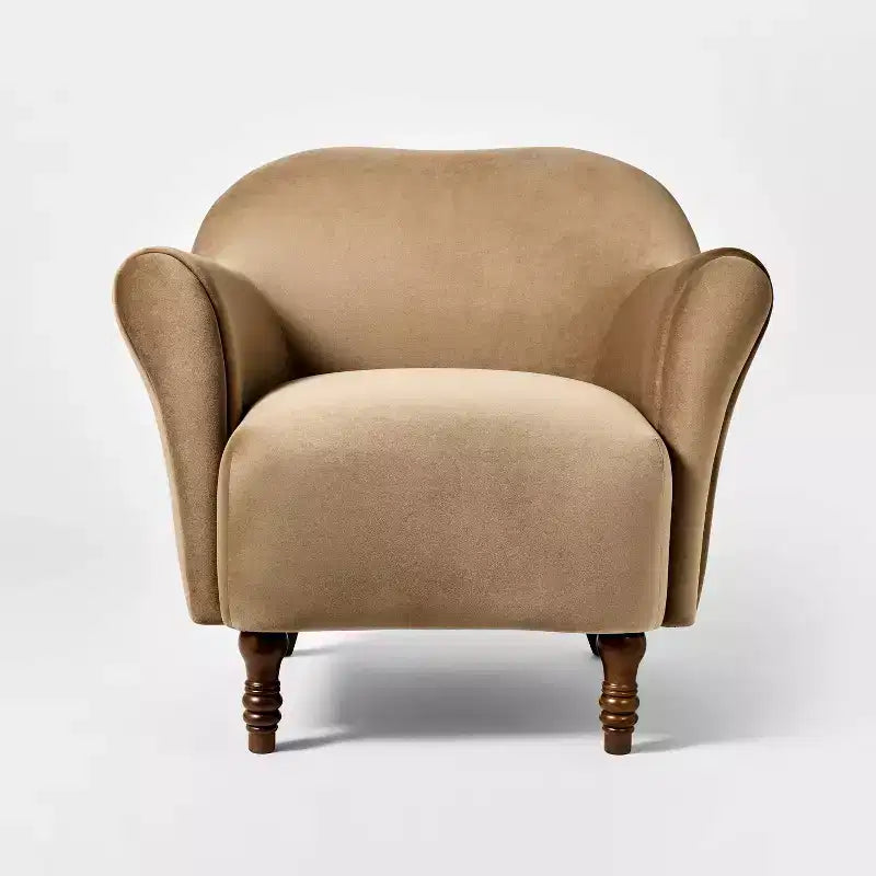Poltrona singola in velluto color cuoio con gambe tornite