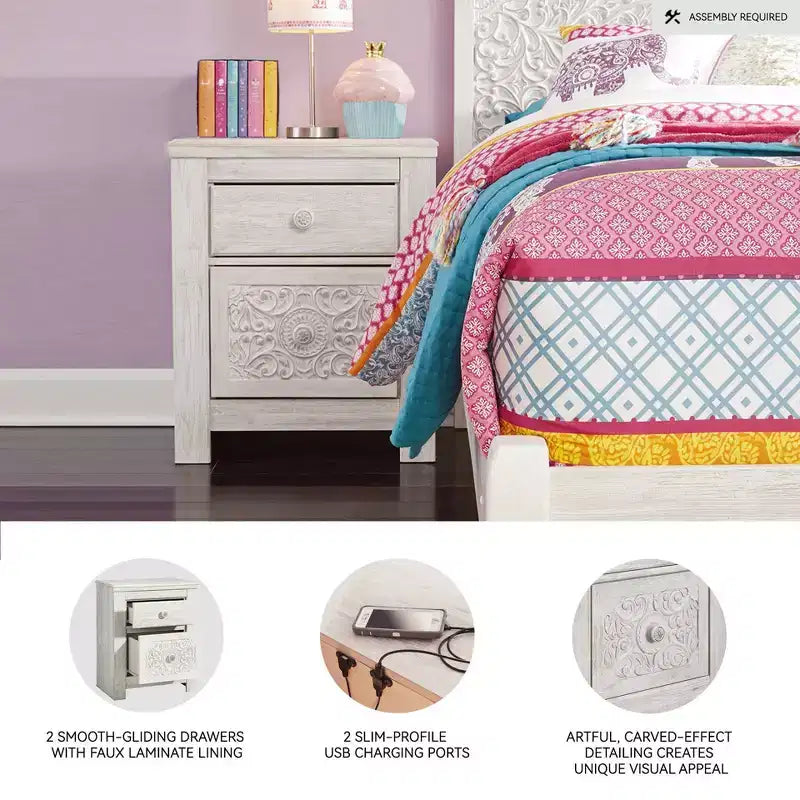 Comodino bianco a 2 cassetti con porta USB, 1 persona