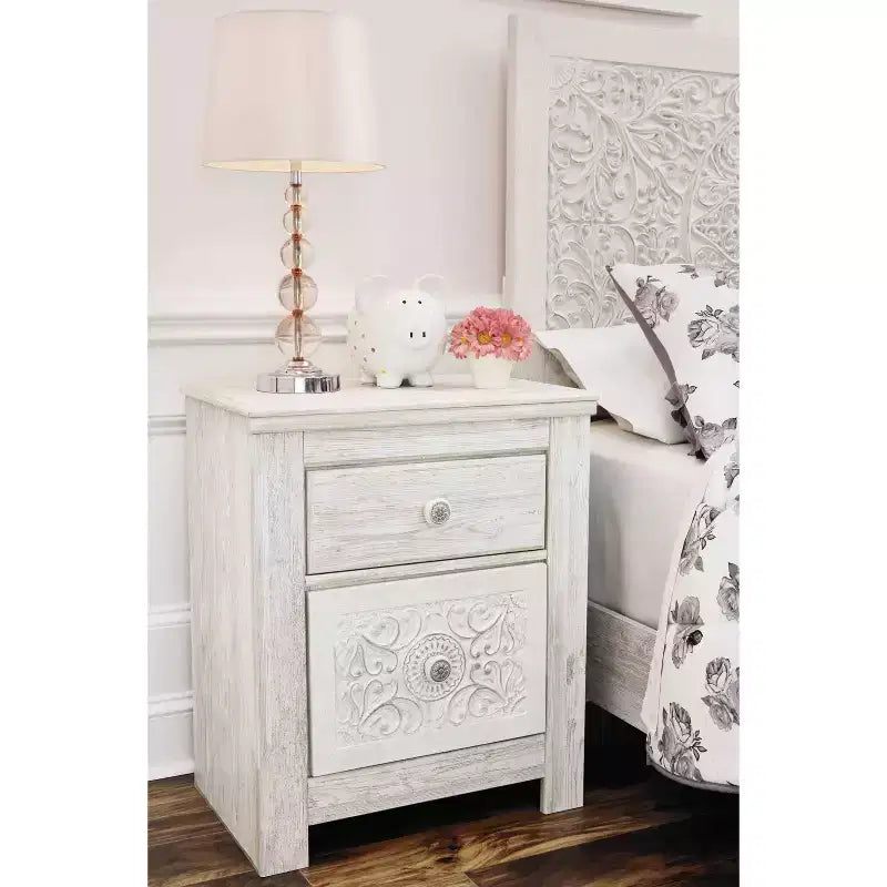 Comodino bianco a 2 cassetti con porta USB, 1 persona
