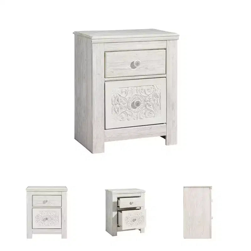 Comodino bianco a 2 cassetti con porta USB, 1 persona