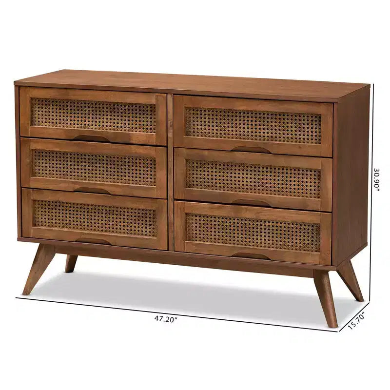 Cassettiera in legno noce e rattan, 6 cassetti, montaggio 1 persona