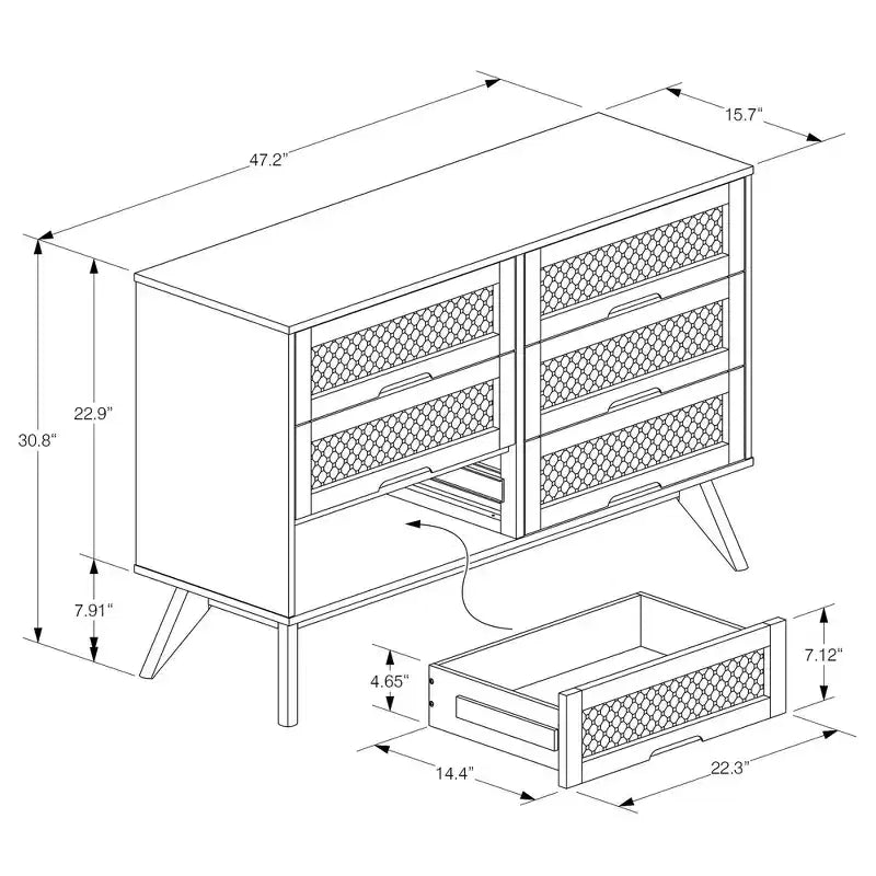 Cassettiera in legno noce e rattan, 6 cassetti, montaggio 1 persona