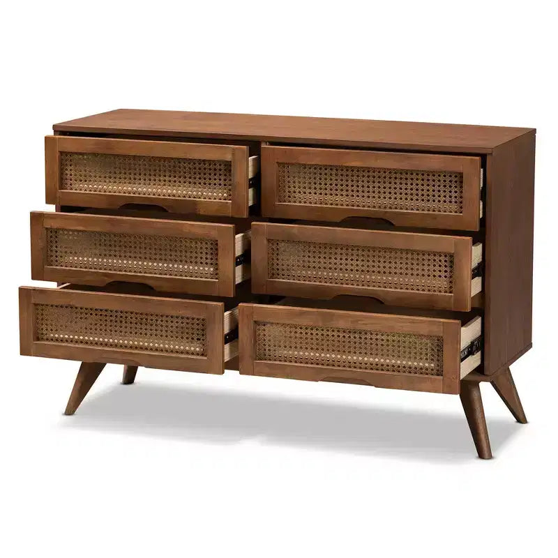 Cassettiera in legno noce e rattan, 6 cassetti, montaggio 1 persona