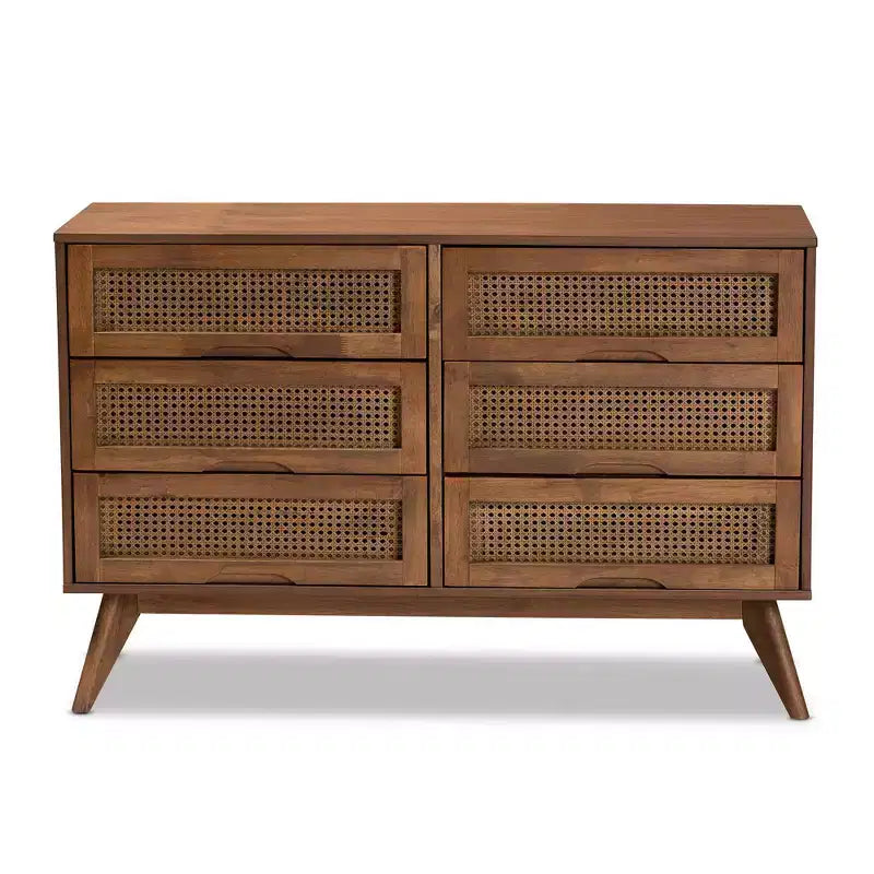 Cassettiera in legno noce e rattan, 6 cassetti, montaggio 1 persona