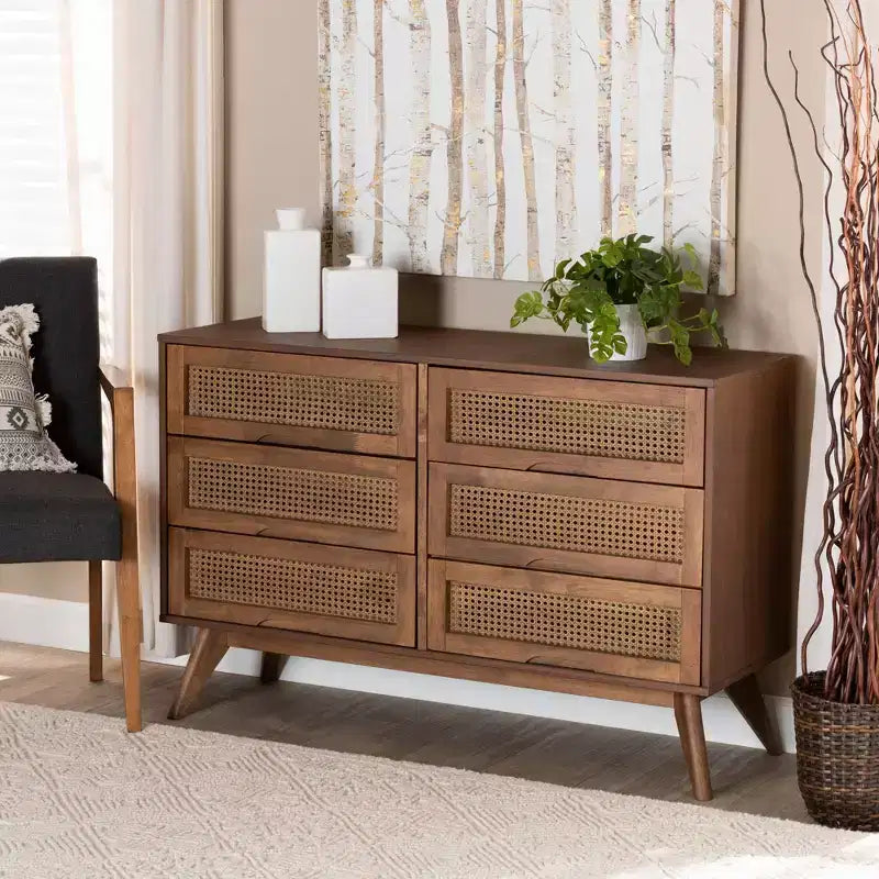 Cassettiera in legno noce e rattan, 6 cassetti, montaggio 1 persona