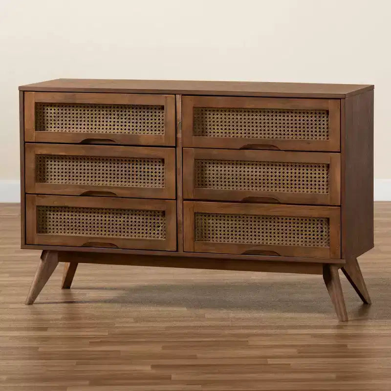 Cassettiera in legno noce e rattan, 6 cassetti, montaggio 1 persona
