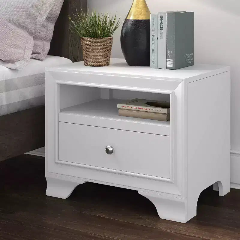 Comodino bianco a 1 cassetto con USB, 1 persona