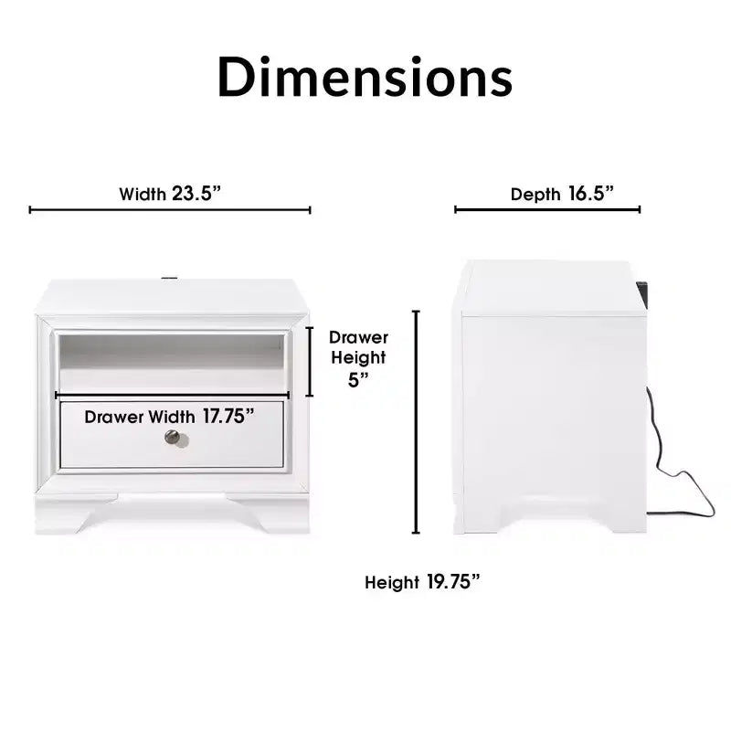 Comodino bianco a 1 cassetto con USB, 1 persona