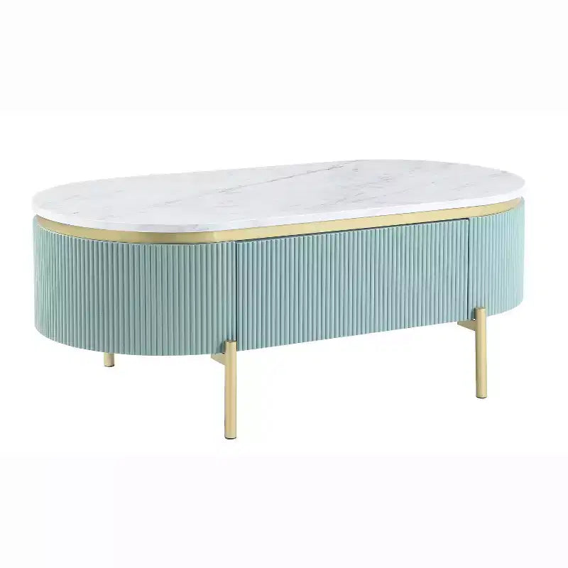 Cartehena Faux Marble Coffee Table with Drawer Light Teal Blue - HOMES: Inside + Out: Chic Gold, Mid-Century Modern Design, Concealed Storage