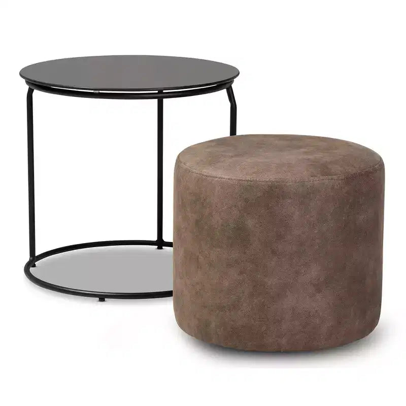 Tavolino Rotondo e Pouf Marrone/Nero, Set da 2 Pezzi