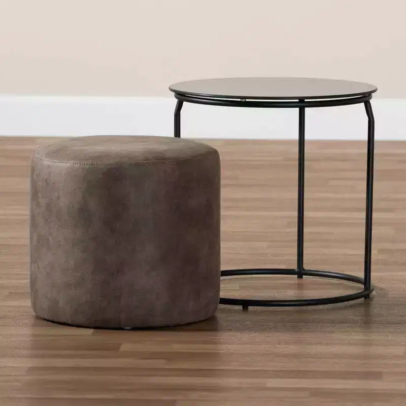 Tavolino Rotondo e Pouf Marrone/Nero, Set da 2 Pezzi