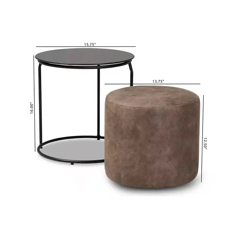 Tavolino Rotondo e Pouf Marrone/Nero, Set da 2 Pezzi