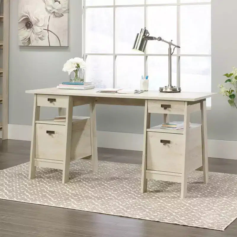 Scrivania direzionale a cavalletto con 4 cassetti – Castagno gessato / Rovere vintage – 1 persona