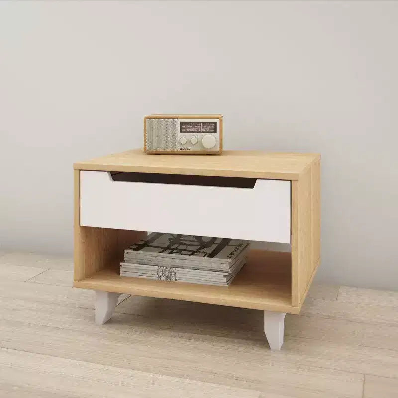 Comodino a giorno con 1 cassetto Bianco / Tartufo / Noce – Singolo