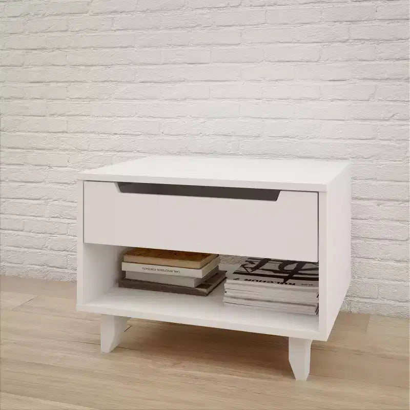 Comodino a giorno con 1 cassetto Bianco / Tartufo / Noce – Singolo