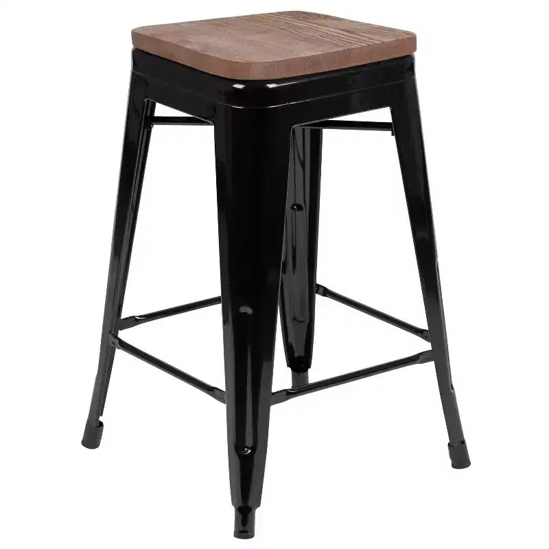 Sgabello da bar da 24" in metallo e legno, senza schienale, impilabile – Set da 4