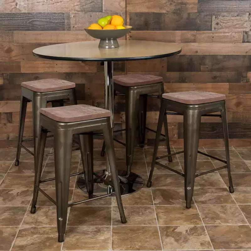 Sgabello da bar da 24" in metallo e legno, senza schienale, impilabile – Set da 4