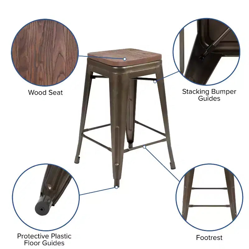 Sgabello da bar da 24" in metallo e legno, senza schienale, impilabile – Set da 4