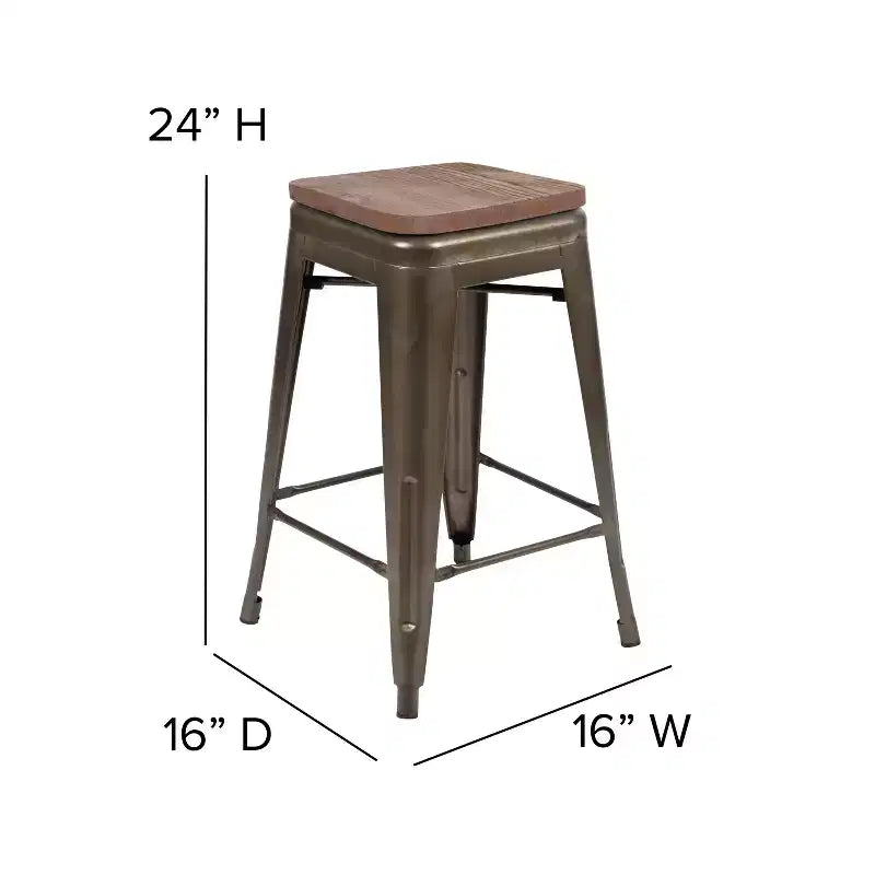 Sgabello da bar da 24" in metallo e legno, senza schienale, impilabile – Set da 4