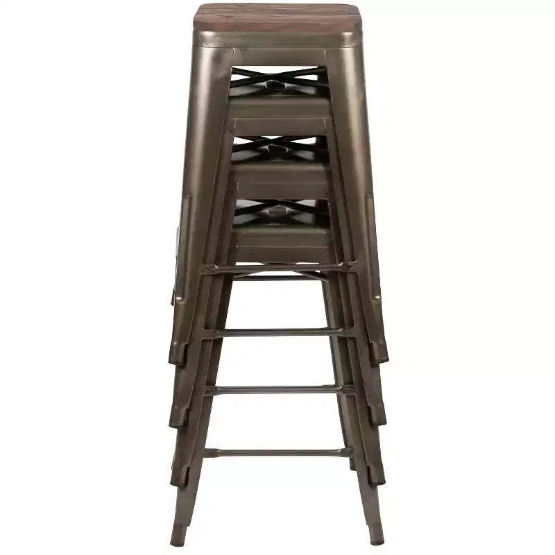 Sgabello da bar da 24" in metallo e legno, senza schienale, impilabile – Set da 4
