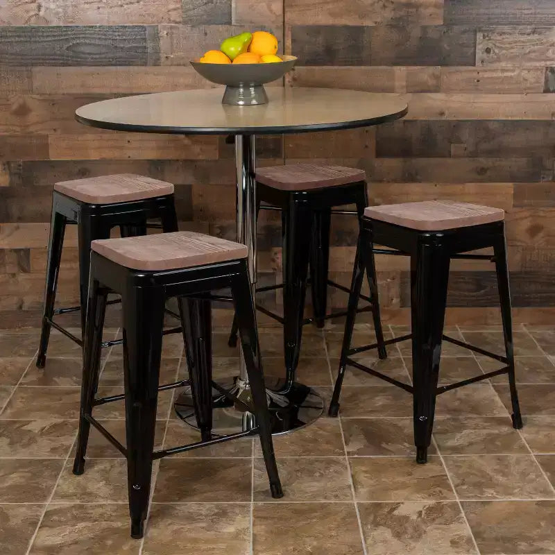 Sgabello da bar da 24" in metallo e legno, senza schienale, impilabile – Set da 4
