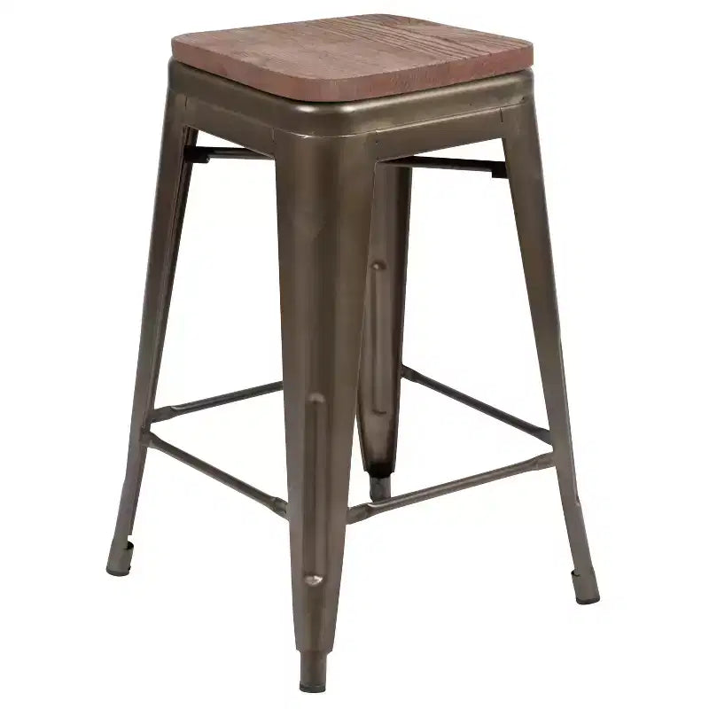 Sgabello da bar da 24" in metallo e legno, senza schienale, impilabile – Set da 4