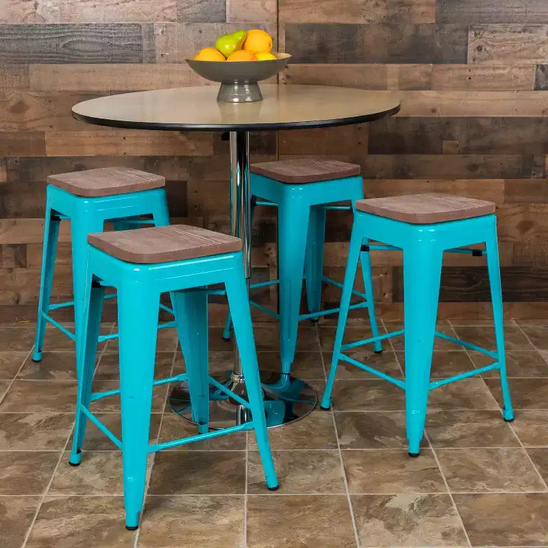 Sgabello da bar da 24" in metallo e legno, senza schienale, impilabile – Set da 4