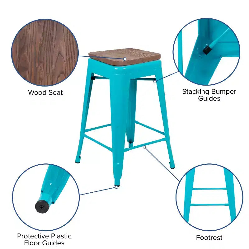 Sgabello da bar da 24" in metallo e legno, senza schienale, impilabile – Set da 4