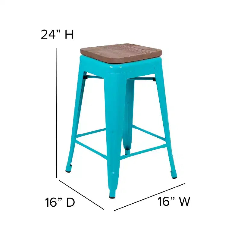Sgabello da bar da 24" in metallo e legno, senza schienale, impilabile – Set da 4
