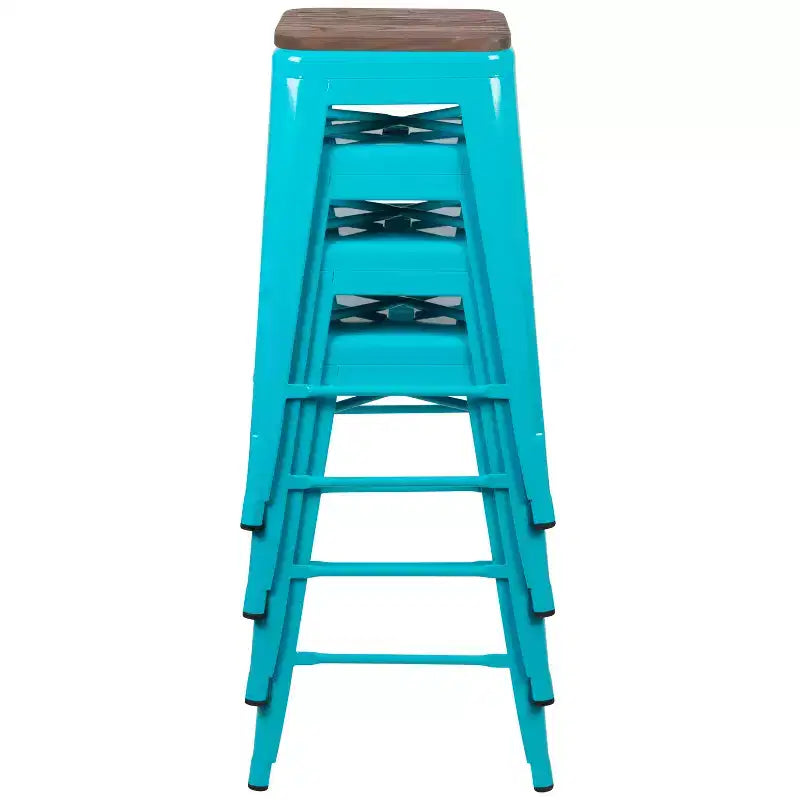Sgabello da bar da 24" in metallo e legno, senza schienale, impilabile – Set da 4