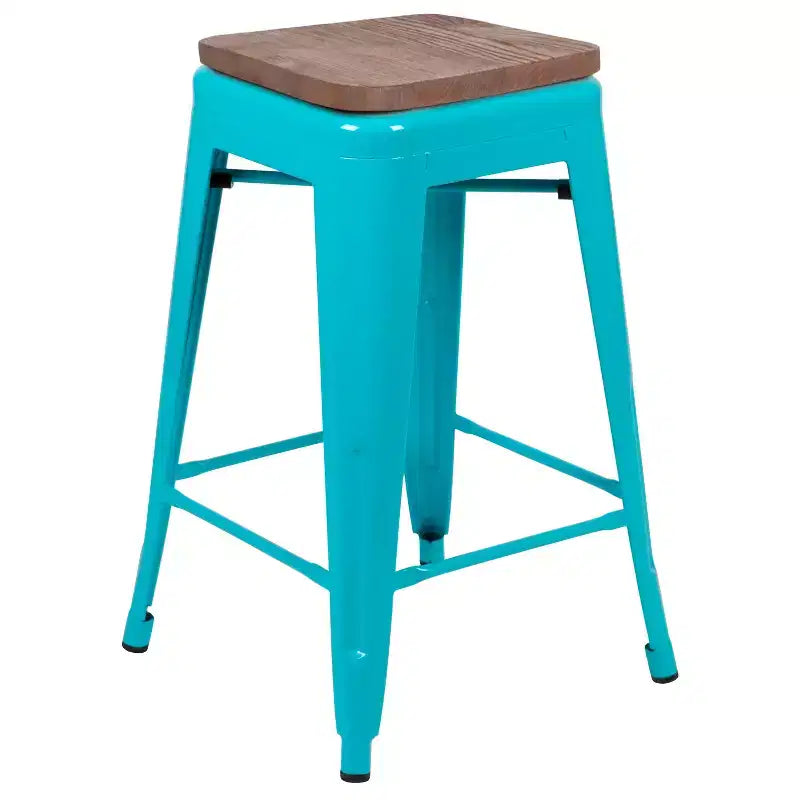 Sgabello da bar da 24" in metallo e legno, senza schienale, impilabile – Set da 4