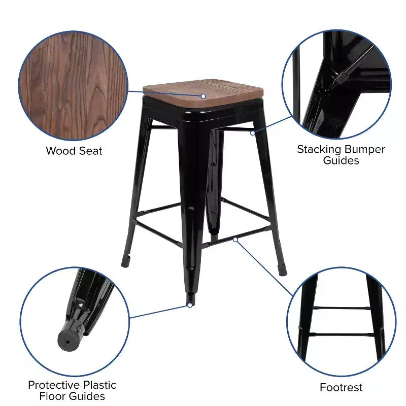 Sgabello da bar da 24" in metallo e legno, senza schienale, impilabile – Set da 4
