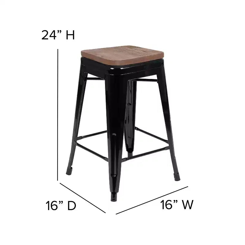 Sgabello da bar da 24" in metallo e legno, senza schienale, impilabile – Set da 4