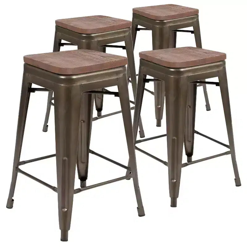 Sgabello da bar da 24" in metallo e legno, senza schienale, impilabile – Set da 4